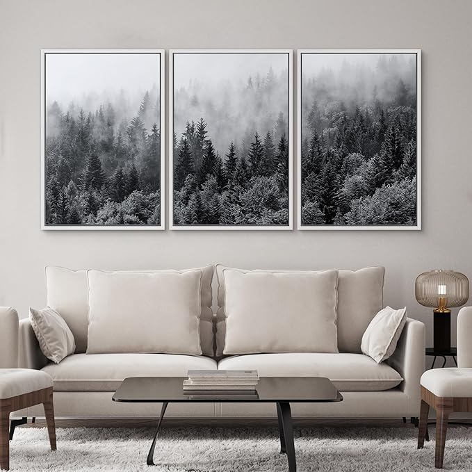SIGNWIN Framed Canvas Print Wall Art Set Black & White Misty Mountain Forest Nature Wilderness Photography Modern Art Chic Landscape Relax/Calm for Living Room, Bedroom, Office - 24"x36"x3 White