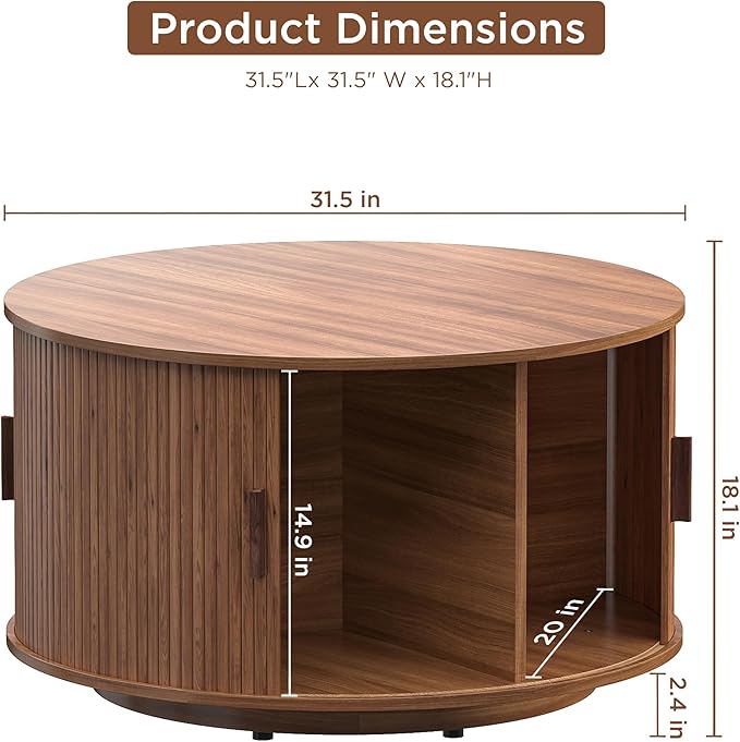 Round Coffee Table with Storage,31.5" Drum Coffee Table with Sliding Tambour Door,Mid Century Modern Coffee Table with Sliding Cabinet Door for Living Room Walnut Brown