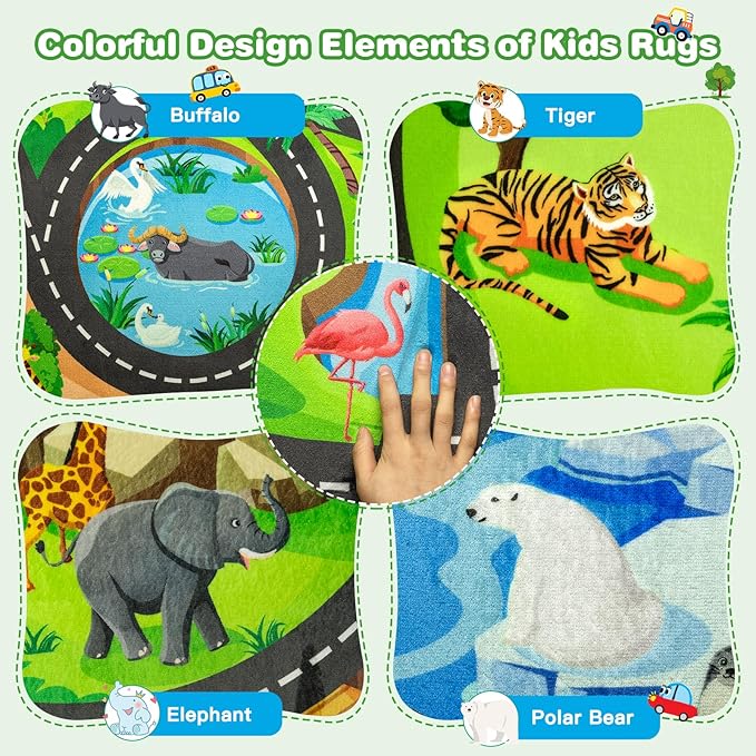 Kids Rug, 3x5 Ft Animal Car Rugs for Kids Toy Cars, Extra Thick (0.4in) - Non-Slip Zoo Road Mat Carpet for Playroom & Bedroom, Educational Learning & Game Area