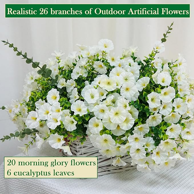 26PCS White Faux Flowers for Outdoor Planters Artificial Flowers for Outdoors Morning Glory Fake Outdoor Flowers UV Resistant for Porch Terrace Yard