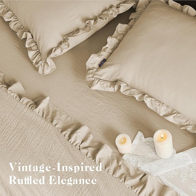 MR&HM Full Ruffle Comforter Set Linen, Farmhouse Shabby Chic Bedding Comforter Set, Boho Bed in a Bag Set 7 Pieces with 1 Comforter, 1 Flat Sheet, 1 Fitted Sheet, 2 Pillowcases & 2 Pillow Shams
