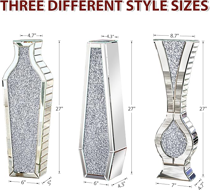 27" Tall Floor Crystal Vase Crushed Diamond Floor Vase Large Silver Vases for Decor Living Room Big Glass vases