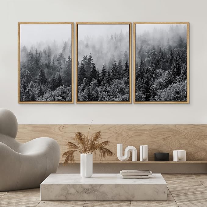 SIGNWIN Framed Canvas Print Wall Art Set Black & White Misty Mountain Forest Nature Wilderness Photography Modern Art Chic Landscape Relax/Calm for Living Room, Bedroom, Office - 16"x24"x3 Natural