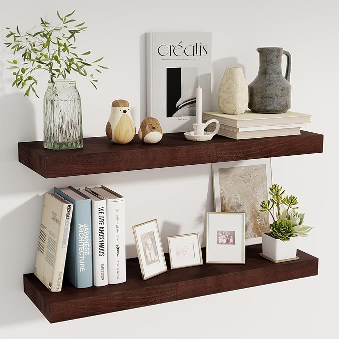 fuqing 30 Inch Floating Shelves for Wall - 9.3 Inch Deep Natural Wood Shelves Set of 2-30W x 9.3D x 1.6H Wall Mounted Shelves with Upgraded Metal Brackets for Room Wall