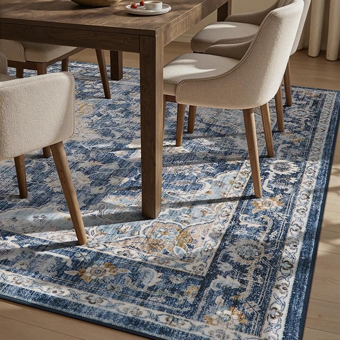 PADOOR-Vintage Area Rug 5X7 Rugs for Living Room-Soft Blue Rugs for Bedroom-Machine Washable Rugs Non Slip Carpet-Rug for Dining Room Living Room Bedside Office
