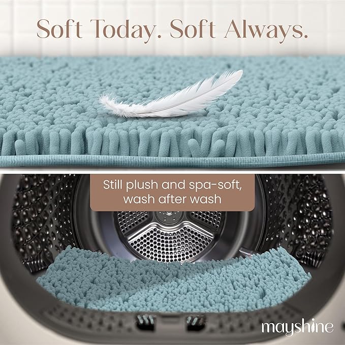 MAYSHINE Plush Shaggy Chenille Bath Mat | Extra Soft, Super Absorbent, Non-Slip Bathroom Rug | Fluffy Microfiber, Area Rug Sets for Bathroom Floor, Kitchen, Living Room | 39"x24" | Spa Blue