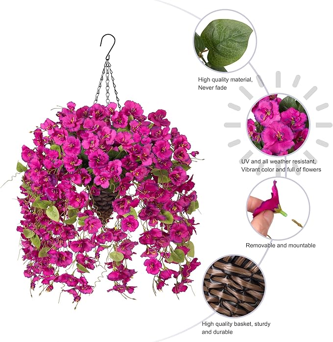 Ivydale Artificial Faux Hanging Flowers Plant Baskets for Outdoors Decoration, Fake Hibiscus UV Resistance Realistic Silk Flower for Outside Home Patio Porch Balcony Garden Wedding, Fuchsia
