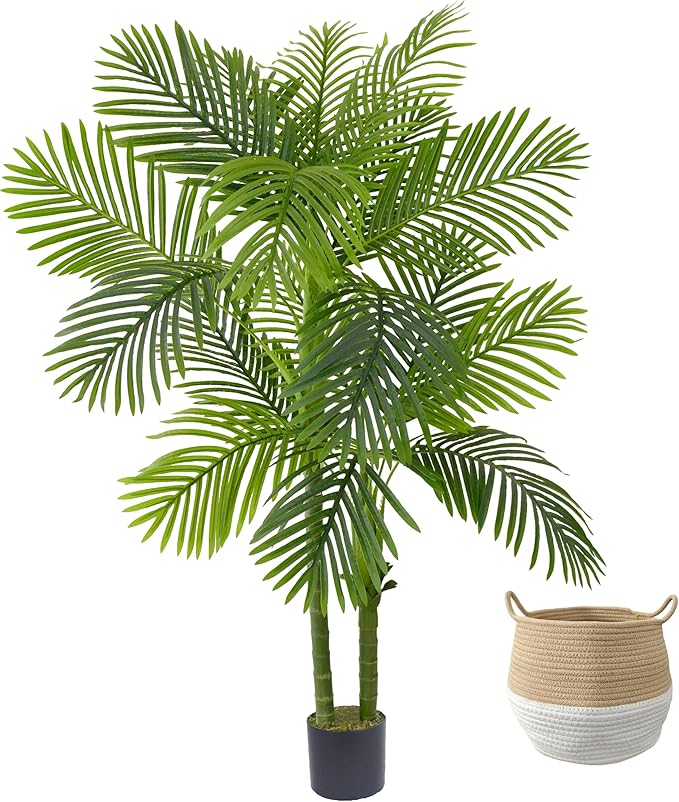 Artificial Palm Tree, 5ft Golden Cane Faux Palm Plant with Basket, Large Phoenix Palm UV Resistant Fake Plants for Indoor Outdoor Home Garden Patio Office Décor