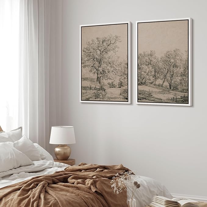 MUDECOR Framed Canvas Print Wall Art Ancient Tree and Country Road Sketch Classic Landscape Pencil Nature Wilderness Illustrations Decorative for Living Room, Bedroom, Office - 16"x24"x2 White