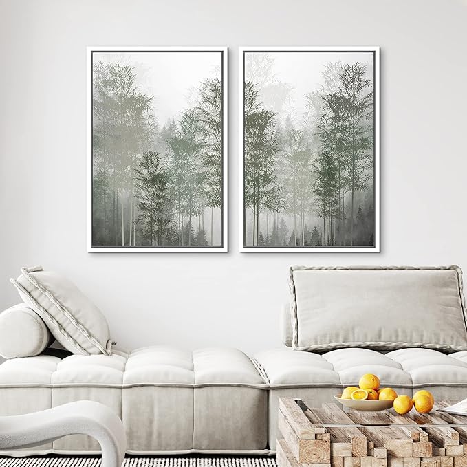 MUDECOR Framed Canvas Print Wall Art Pastel Watercolor Misty Fog Forest Tree Wilderness Nature Illustrations Modern Art Decorative Calm/Relax Multicolor Rustic Minimal for Bedroom - 16"x24"x2 White