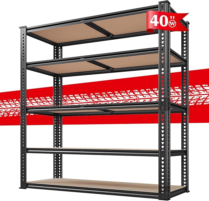 REIBII 40" W Garage Shelving 2500LBS Storage Shelves 72" H Metal Shelving 5 Tier Metal Shelves Adjustable Pantry Shelf for Garage Closet Kitchen Basement 40" W x 19.7''D x 72''H