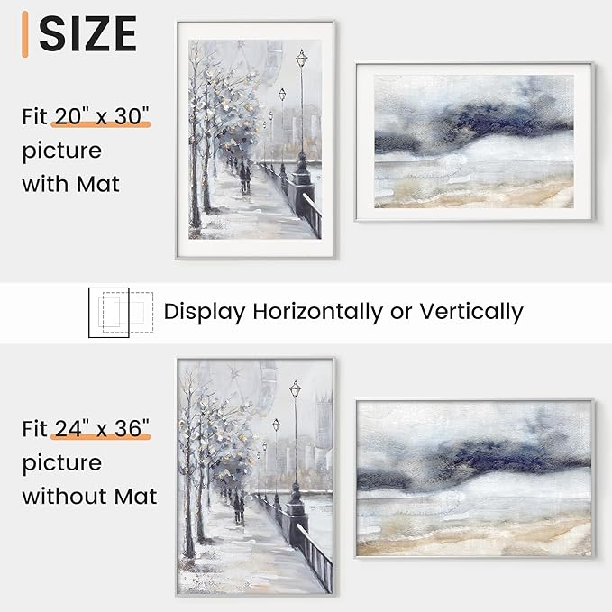 24x36 inch Metal Poster Frame - 24 x 36 Thin Aluminum Picture Frames Matted for 20x30 Photos, Artworks, Prints, Puzzle - High Definition Plexiglass - Vertical and Horizontal Display - Wall Hook Hanging Hardware Included - Silver, Set of 1