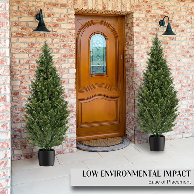 Two 4FT Artificial Topiary Cedar Trees Tall, Outdoors UV Protection Fake Cypress Tree, Realistic 48IN Pine Potted Plants for Patio, Home Porch, Doorway Decor