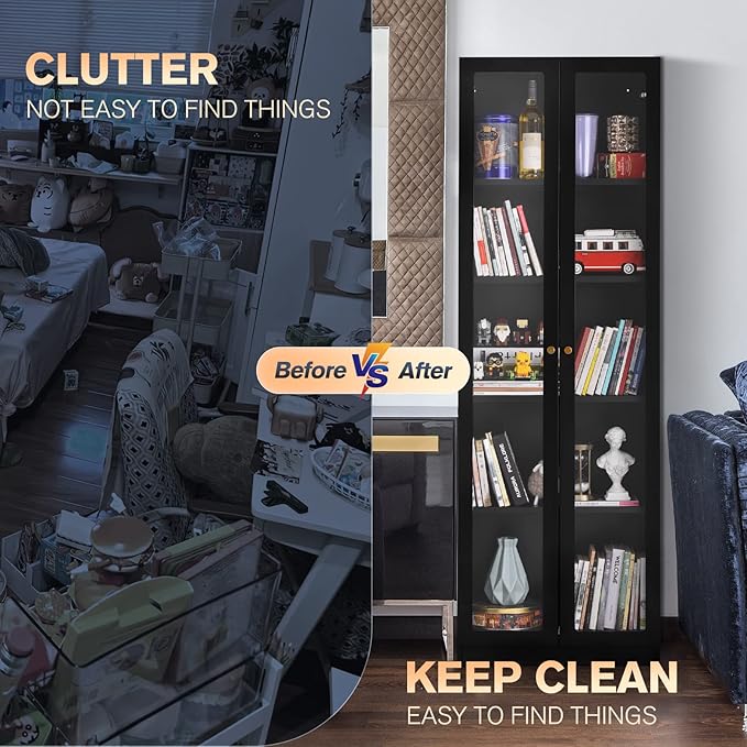 Metal Curio Storage Cabinet with 4 Adjustable Shelves and Acrylic Door, 72" Dust Proof Display Cabinet, 5 Tier Bookcase for Home Office, Living Room, Pantry