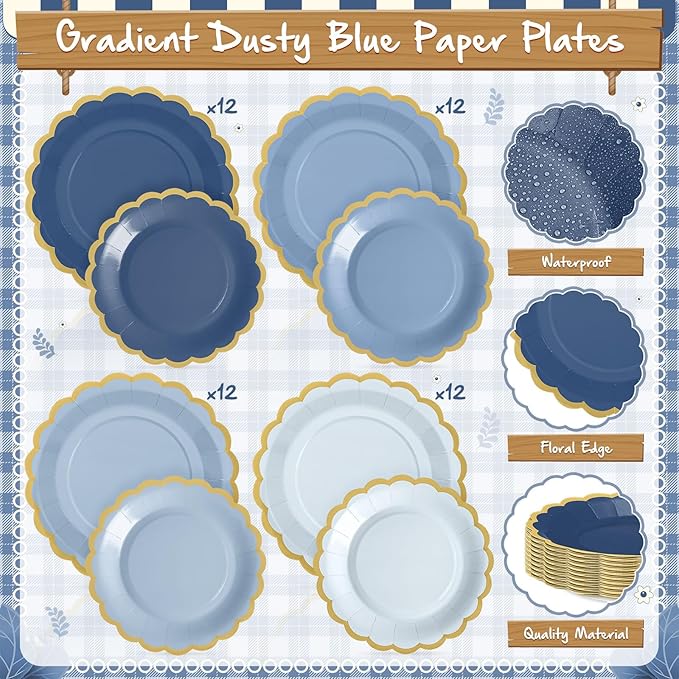 338 Pcs Dusty Blue Plates and Napkins Party Supplies for Guests Blue Tableware Include Scalloped Plates Paper Napkin Cup Spoon Fork Knife for Baby Shower, Wedding, Birthday