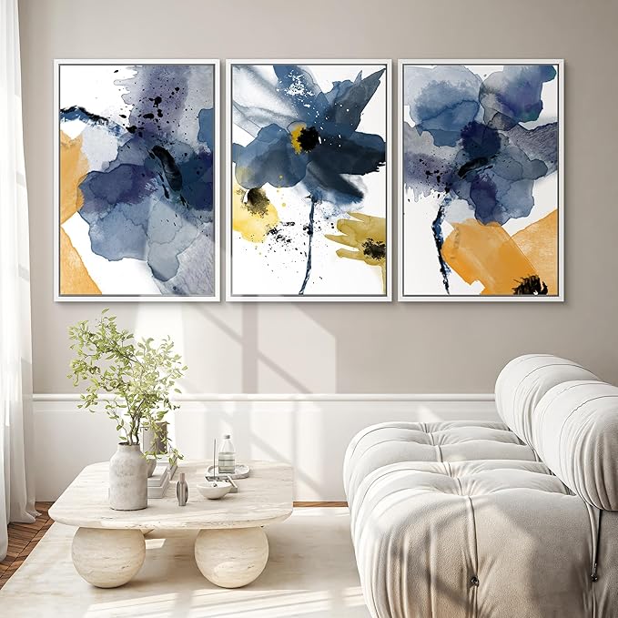 SIGNWIN Framed Canvas Wall Art Blue and Orange Blossoms Botanical Flower Watercolor Modern Art Tropical Relax/Calm for Living Room, Bedroom, Office - 24"x36"x3 White