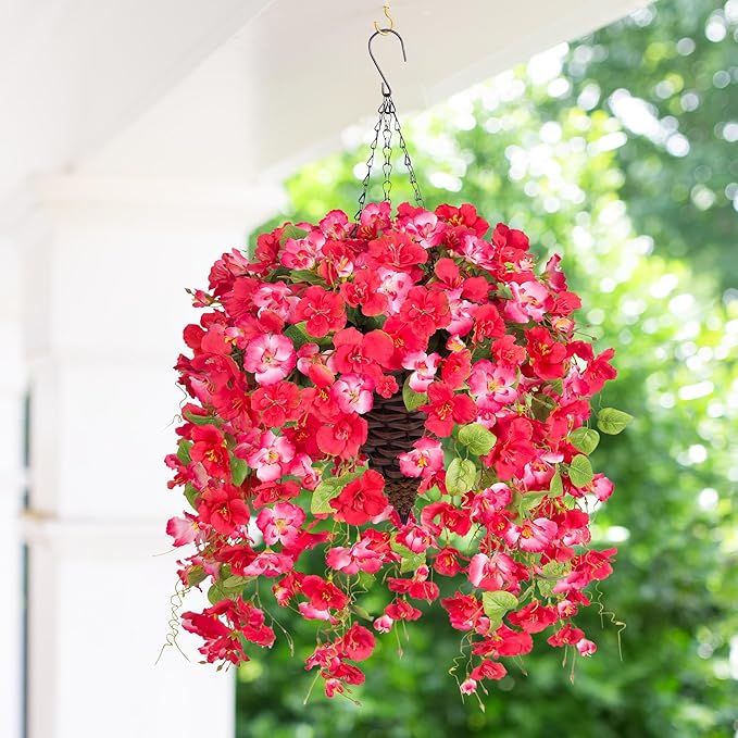Ivydale Artificial Faux Hanging Flowers Plant Baskets for Outdoors Decoration, Fake Hibiscus UV Resistance Realistic Silk Flower for Outside Home Patio Porch Balcony Garden Wedding, Mix