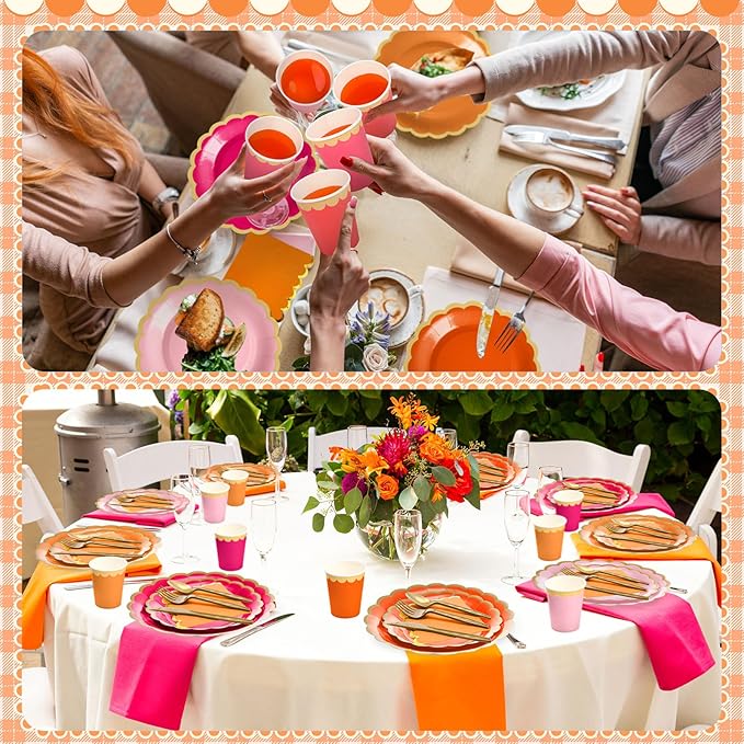 338 Pcs Pink and Orange Plates and Napkins Party Supplies for Guests Hot Pink Orange Tableware Include Scalloped Plates Paper Napkin Cup Spoon Fork Knife for Baby Shower, Wedding, Birthday