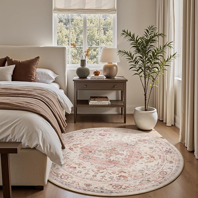 PADOOR-Vintage 6FT Round Rug-Rugs for Living Room-Soft Pink Circle Rug-Machine Washable Rugs for Bedroom-Non Slip Carpet-Rug for Dining Room Living Room Bedside Office