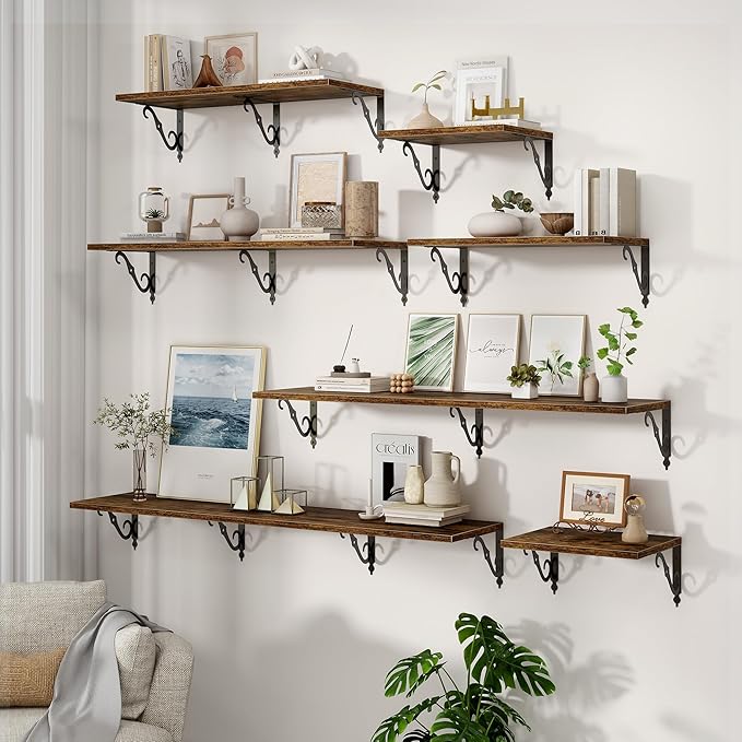 Deep Floating Shelves for Wall, 32"W x 8"D Wall Shelves, 12 Inch Deep Floating Shelf with Bracket, 32 Inch Floating shelves Set of 2, Rustic Shelves for Living Room, Bathroom and Kitchen, Rustic Brown