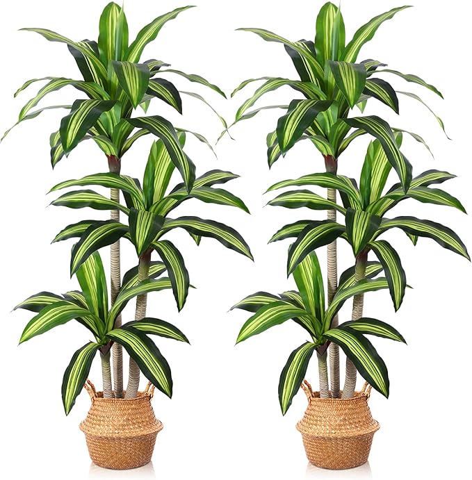 Artificial Plants, 5 Ft Dracaena Tree Faux Plants Indoor Outdoor Decor Fake Tree with Woven Seagrass Basket Plants for Home Decor Office Living Room Porch Patio Housewarming 2 Pack