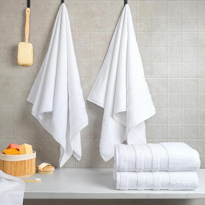 American Soft Linen Salem 100% Cotton Turkish 4 Piece Bath Towels for Bathroom, 600 GSM Soft Absorbent Quick Dry Bath Towel Set, White