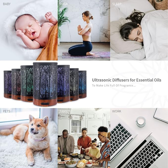 Essential Oil Diffuser - Multifunction Aromatherapy Diffuser 7 LED Color Changing Light 150ML Metal Diffuser Easy to Clean Suitable for Home,Office (Tree)