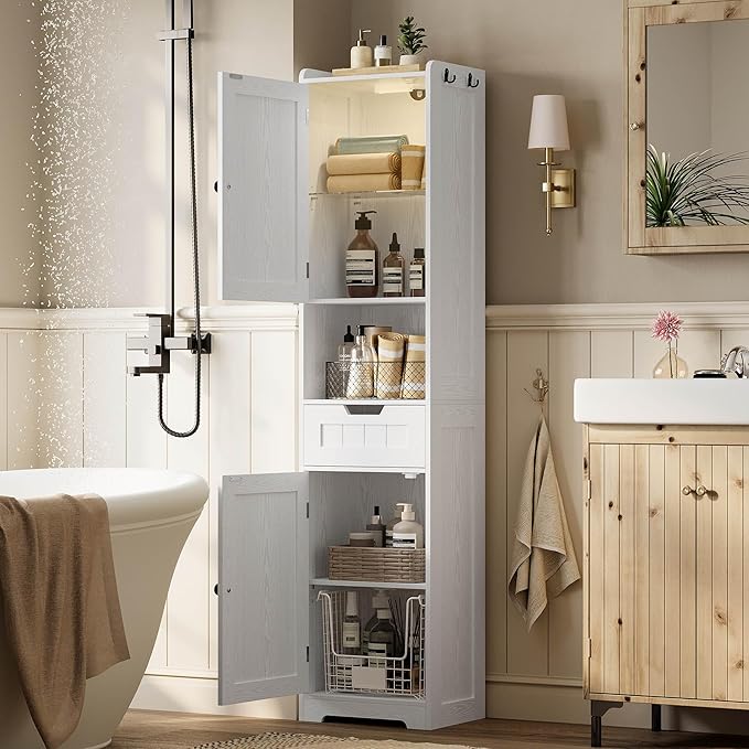 LIKIMIO 68" Tall Bathroom Storage Cabinet with Lights, Narrow Storage Cabinet with Adjustable Shelves, 2 Doors, 2 Hooks & 1 Drawer, Slim Freestanding Cabinet for Bathroom, Living Room, Kitchen, White