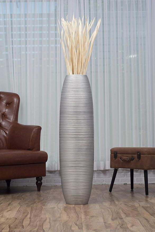 Leewadee Large Silver Home Decor Floor Vase – Wooden 43 inches Tall Farmhouse Decor Flower Holder for Fake Plant and Pampas Grass