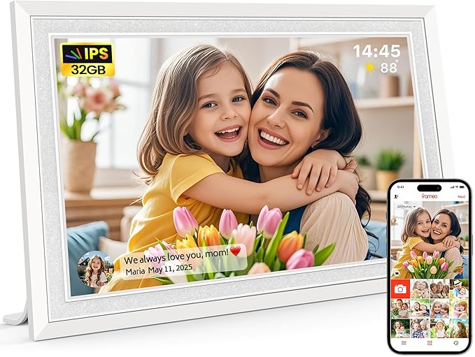 Frameo 10.1" Digital Picture Frame, Smart WiFi Digital Photo Frame with 1280x800 HD IPS Touch Screen 32GB Memory Auto-Rotate Wall Mounted, Share Photos/Videos from Phone Anywhere(White)