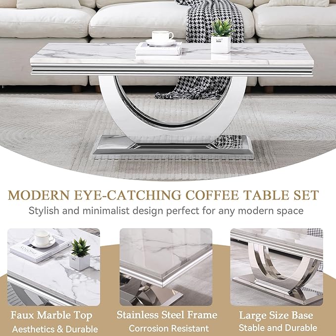 Modern Marble Coffee Table with Stainless Steel Pedestal, 47" Luxury Silver Coffee Table for Living Room, Unique Faux Marble Cocktail Table Rectangle Funky Coffee Center Tables for Living Room