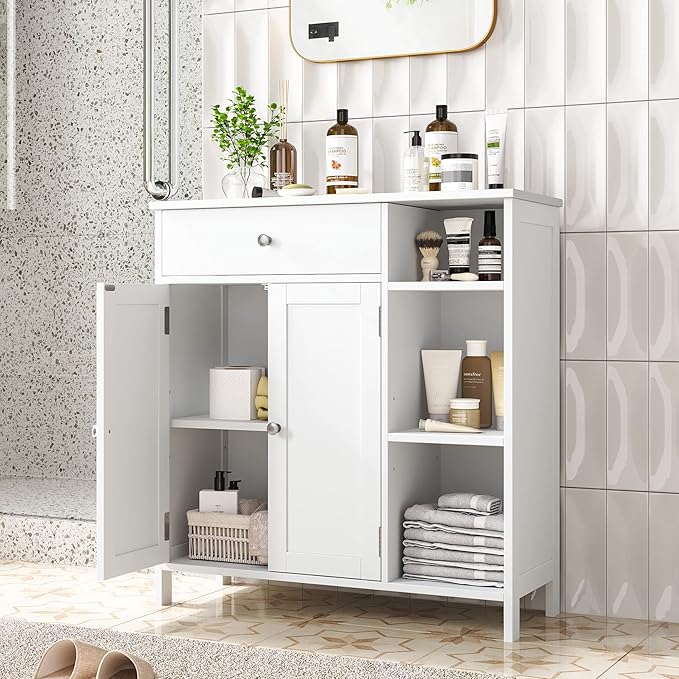 Irontar Bathroom Cabinet with Doors, Bathroom Floor Cabinet with Drawer & Adjustable Shelf, Kitchen Cupboard Storage for Living Room, Entryway, White
