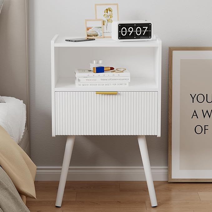 White Nightstand,Modern Bedside Table with Storage Drawer and Open Wood Shelf, for Living Room, Bedroom and Small Spaces, Accent Night Stand with Solid Wood Legs, Easy Assembly,Classic White