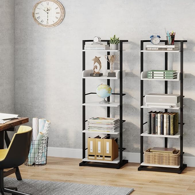 Hosfais Book Shelf Tall Bookshelf: 5 Tier Wood Bookcase with Metal Edge Protection Industrial Narrow Bookshelf Corner Storage Organizer Display Book Rack for Living Room Bedroom Office (Black White)