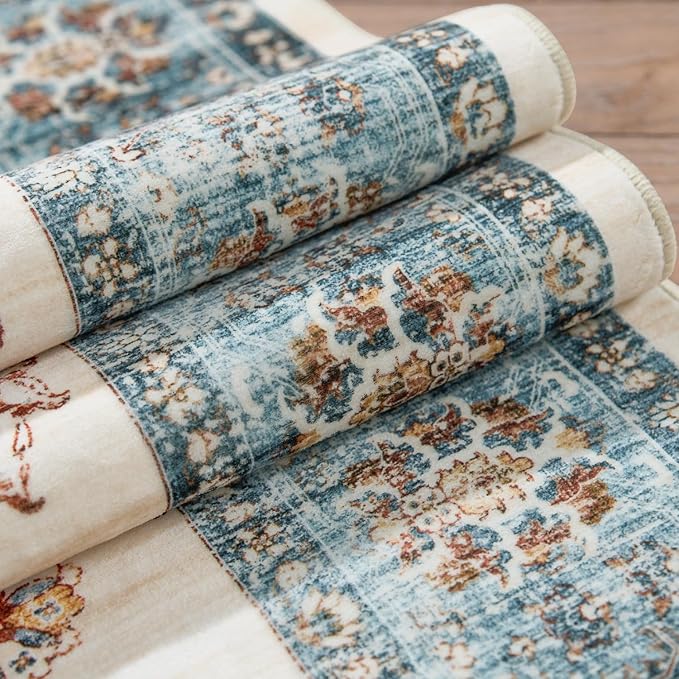 jinchan Area Rug 2x3 Washable Vintage Floral Rug Indoor Entryway Non-Slip Door Mats Soft Carpet for Living Room Bedroom Bathroom Home Office Blue