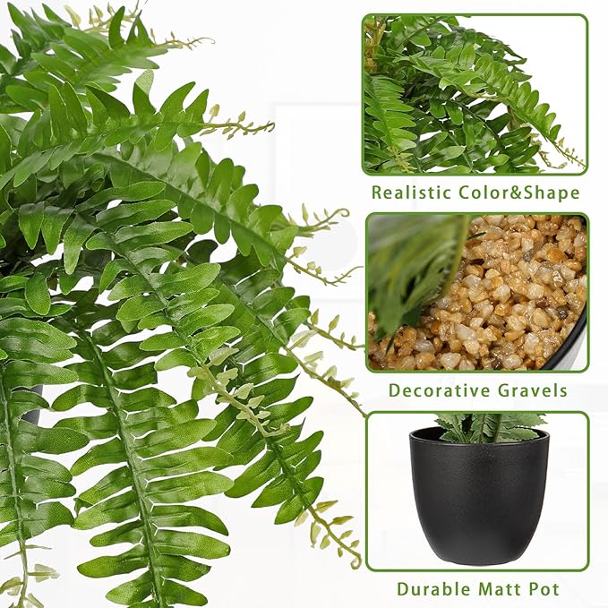 Hollyone Artificial Fern Plants in Pot 18.8" Small Artificial Boston Fern 24 Leaves for Outdoors & Indoor Faux Potted Plant Fake Ferns Bush Plant for Patio Garden Farmhouse Porch Home Decor Green