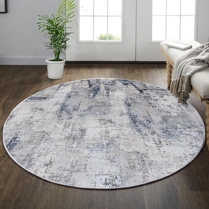 vivorug Round Rug 6ft Abstract Round Area Rug Non-Slip Indoor Carpet for Living Room Bedroom Entryway, Stain Resistant Home Decor Circle Rug, Grey/Navy