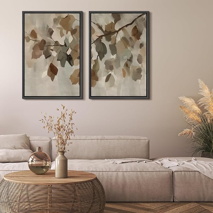 MUDECOR Framed Canvas Print Wall Art Set Abstract Leaf Branch Minimalist Nature-Inspired Beige and Brown Calm/Zen for Living Room, Bedroom, Office - 24"x36"x2 Black
