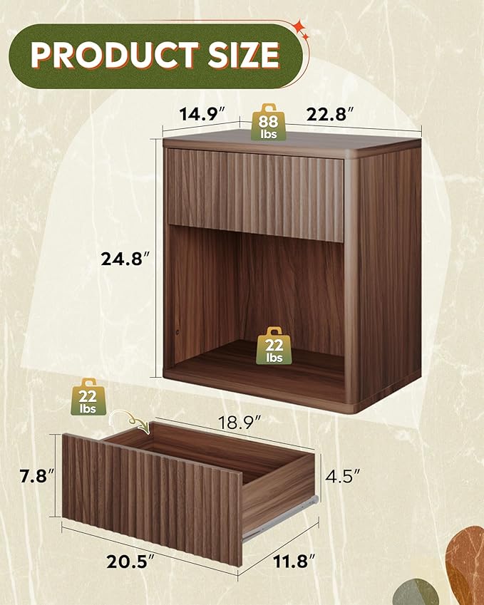 WLIVE Night Stand Set of 2, Wood Nightstand Sets with Storage Drawer and Open Shelf, Fluted Bedroom Nighstands, Mid Century Bed Side Table, End Tables Living Room, Dorm, Home Office, Carrocci Brown