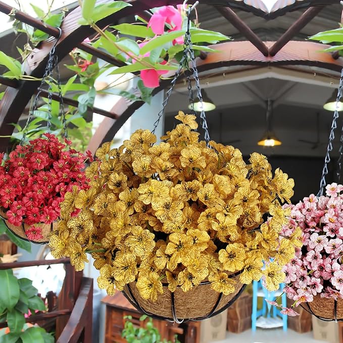 BIHRTC Artificial Hanging Plants Flowers Faux Autumn Yellow Morning Glory Look Real Orange Daisy Flowers Hang Planter for Porch Patio Balcony Home Outside Garden Decoration