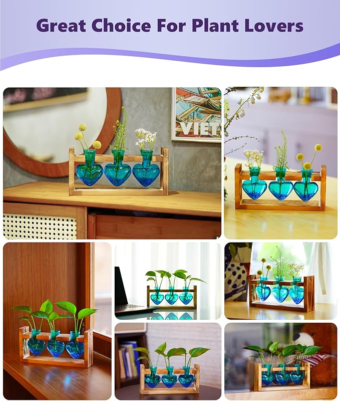 Nacome Plant Terrarium for Office Decor: Birthday Gifts for Plant Lovers Women Mom Wife - Wooden Stand Tabletop Planter 3 Bulb Glass Vase Heart Shaped for Hydroponics Indoor Home