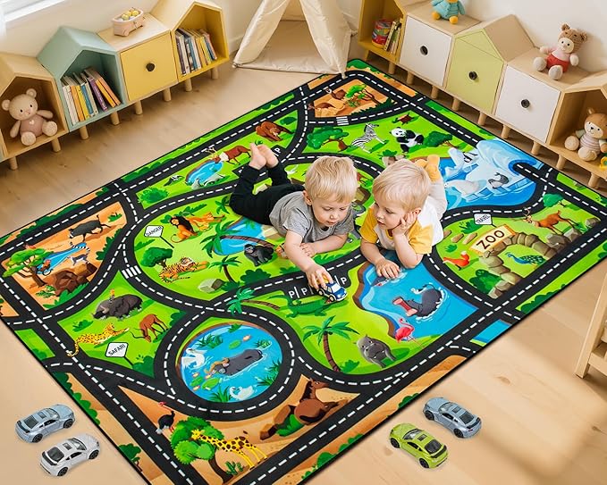 Kids Rug, 3x5 Ft Animal Car Rugs for Kids Toy Cars, Extra Thick (0.4in) - Non-Slip Zoo Road Mat Carpet for Playroom & Bedroom, Educational Learning & Game Area