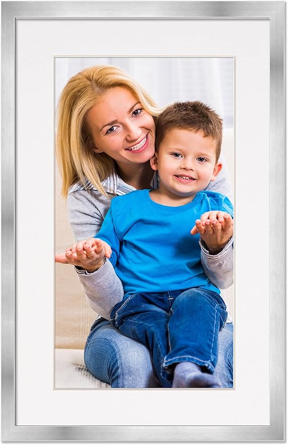 11x22 Frame with Mat - Silver 13x24 Frame Wood Made to Display Print or Poster Measuring 11 x 22 Inches with White Photo Mat