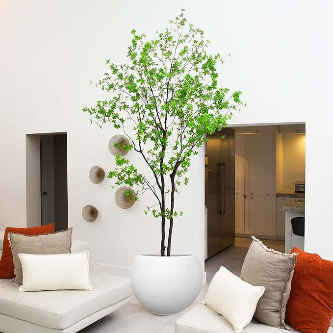 17 H x 21" Dia (15" Pot Opening) White Round Fiberstone Tall Planter with Drainage Hole, Indoor/Outdoor Large Plant