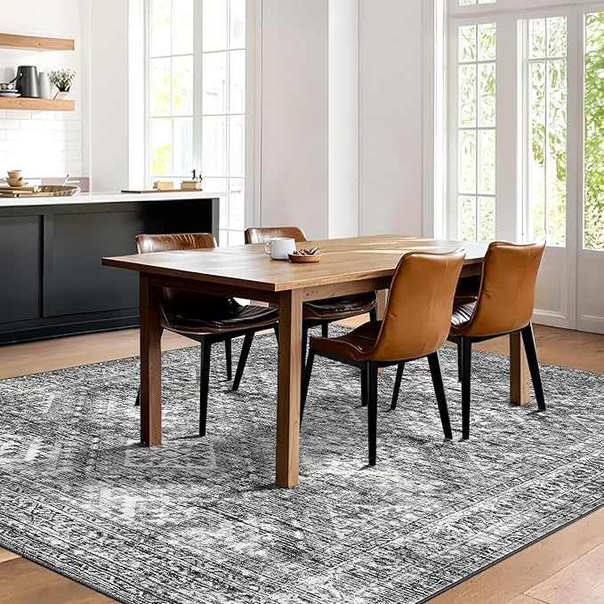 MIULEE 6x9 Vintage Living Room Rug Washable Area Rugs Low Pile Floor Mat for Bedroom Dining Room Non-Slip Stain Resistant Soft Indoor Carpet for Home Decor, Black
