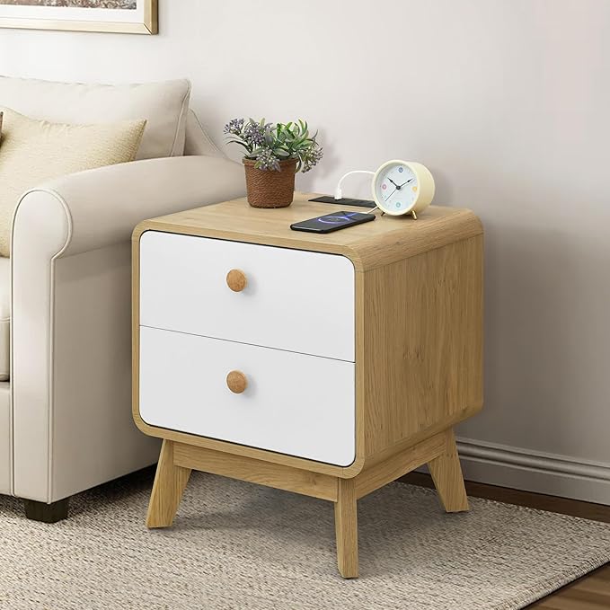 Aries Set of 2 Nightstands with Charging Station, 2 Drawer Bedside Tables with Storage, Night Stands for Bedroom, End Table or Side Table for Living Room, 15.7" x 18.9" x 21.7", Oak/White