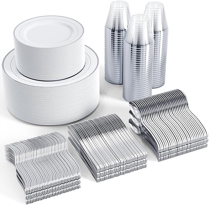 FOCUSLINE 600 Ct Silver Dinnerware Set for 100 Guests - Silver Rimmed White Disposable Plastic Plates, Includes 100 Dinner & Salad Plates, Cups, Cutlery Set for Wedding Parties