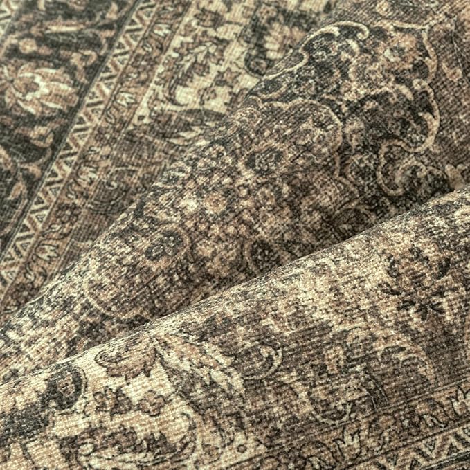 10x12 Brown Vintage Area Rug for Living Room Bedroom Large Traditional Low Pile Soft Carpet Non-Slip Thin Retro Distressed Accent Washable Throw Rug for Dining Room Office Kitchen Indoor