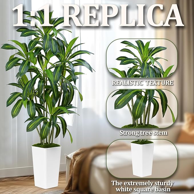 Dracaena Plant Artificial Tree 6Ft Tall Fake Tropical Floor Plants Potted (Real Touch) Artificial Silk Tree Leaf Faux Trees White Tall Planter for Home Office Living Room Indoor Outdoor Decor