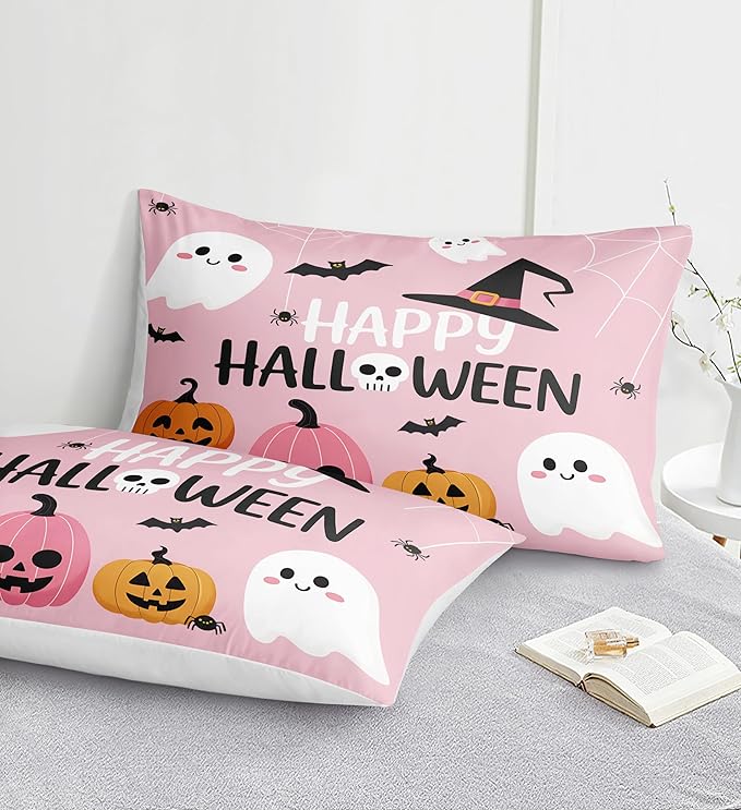 Pumpkin Ghost Comforter Set Girls Pink Halloween Bedding Set Orange Pumpkin White Ghost Bat Spider Cute Cartoon Bedding Kids Teens Happy Halloween Bed Set King Size
